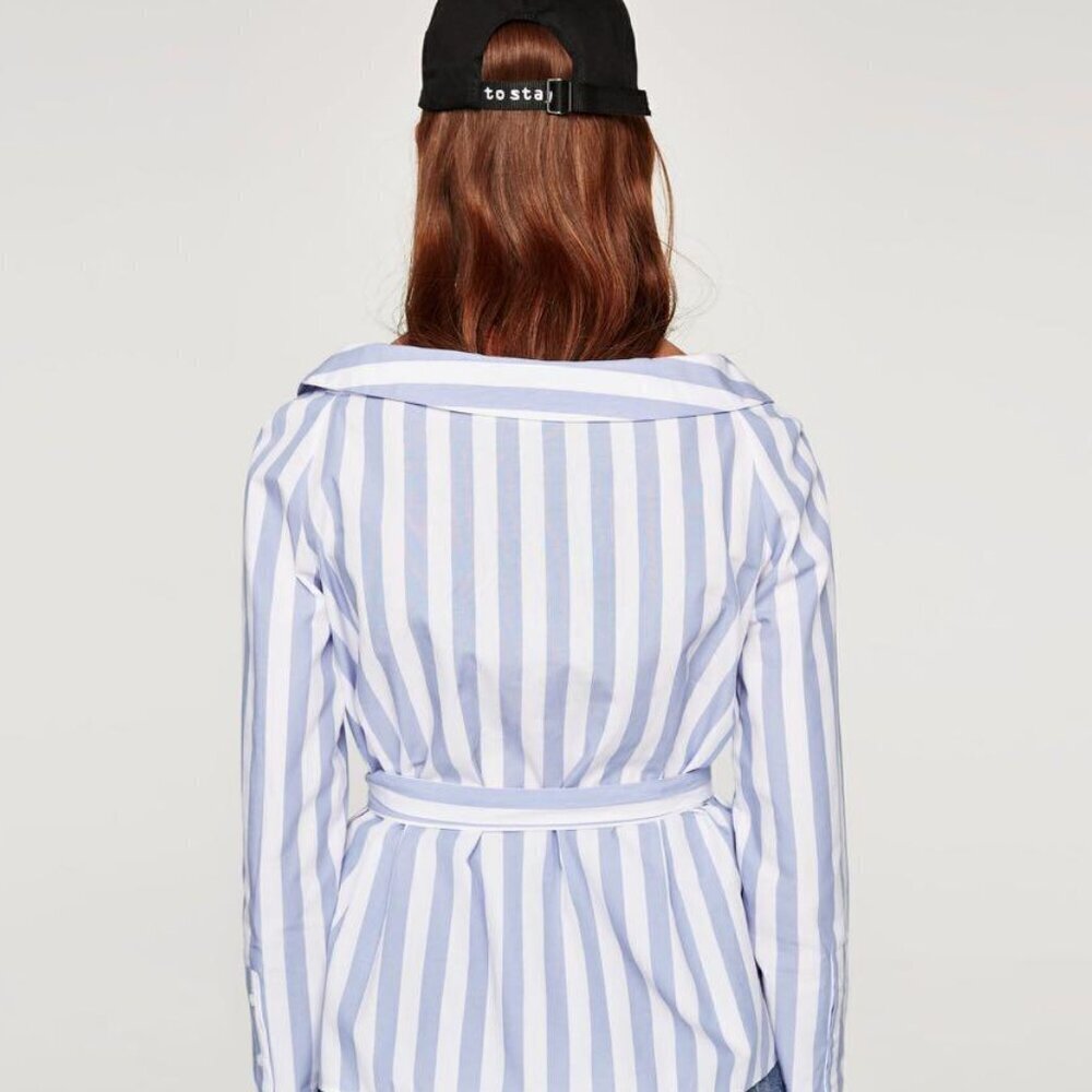 Zara Striped Wrap Blouse with Belt in Blue and White Size XS NEW WITHOUT TAG! - Picture 3 of 7